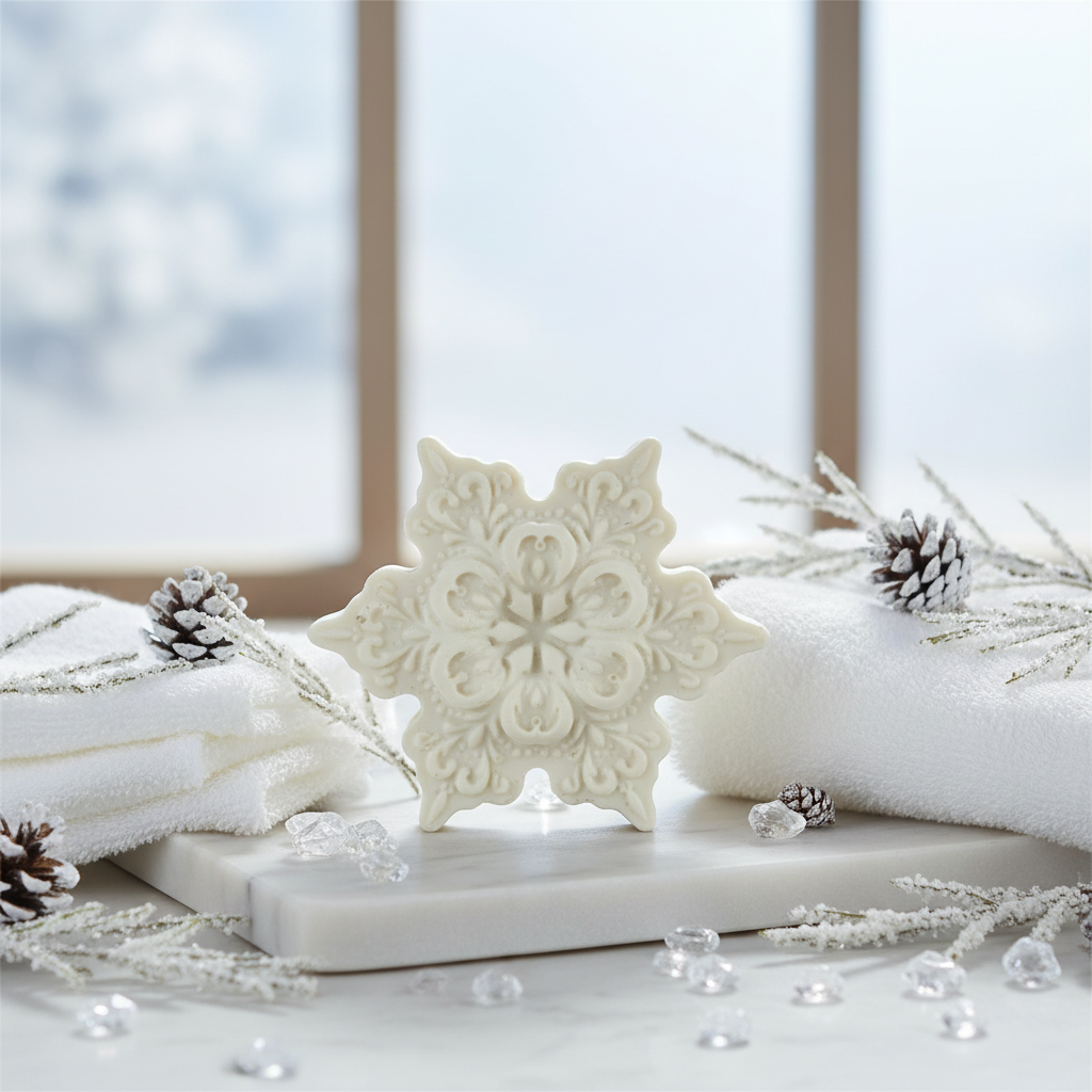 Big Snow Flake Soap in winter spa setting