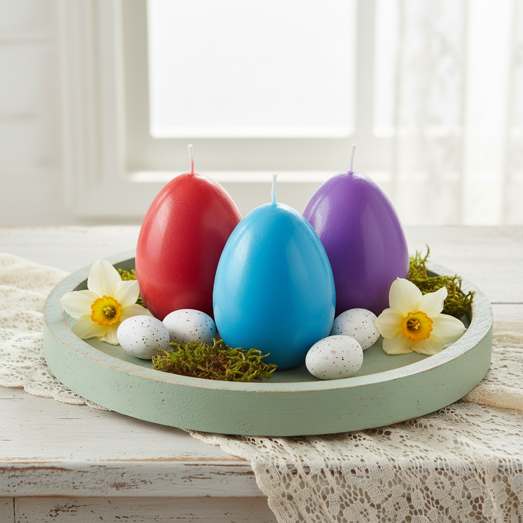 Easter Egg Candle Set with red, blue, and purple eggs