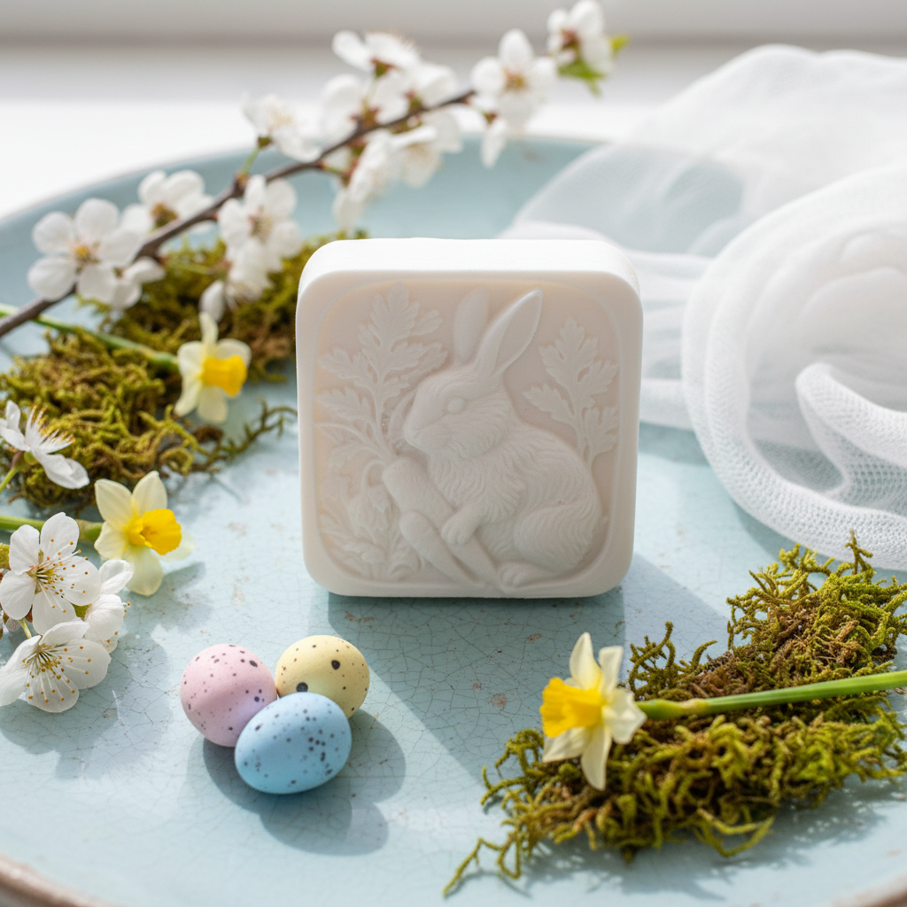 Square Easter Bunny Soap in spring setting